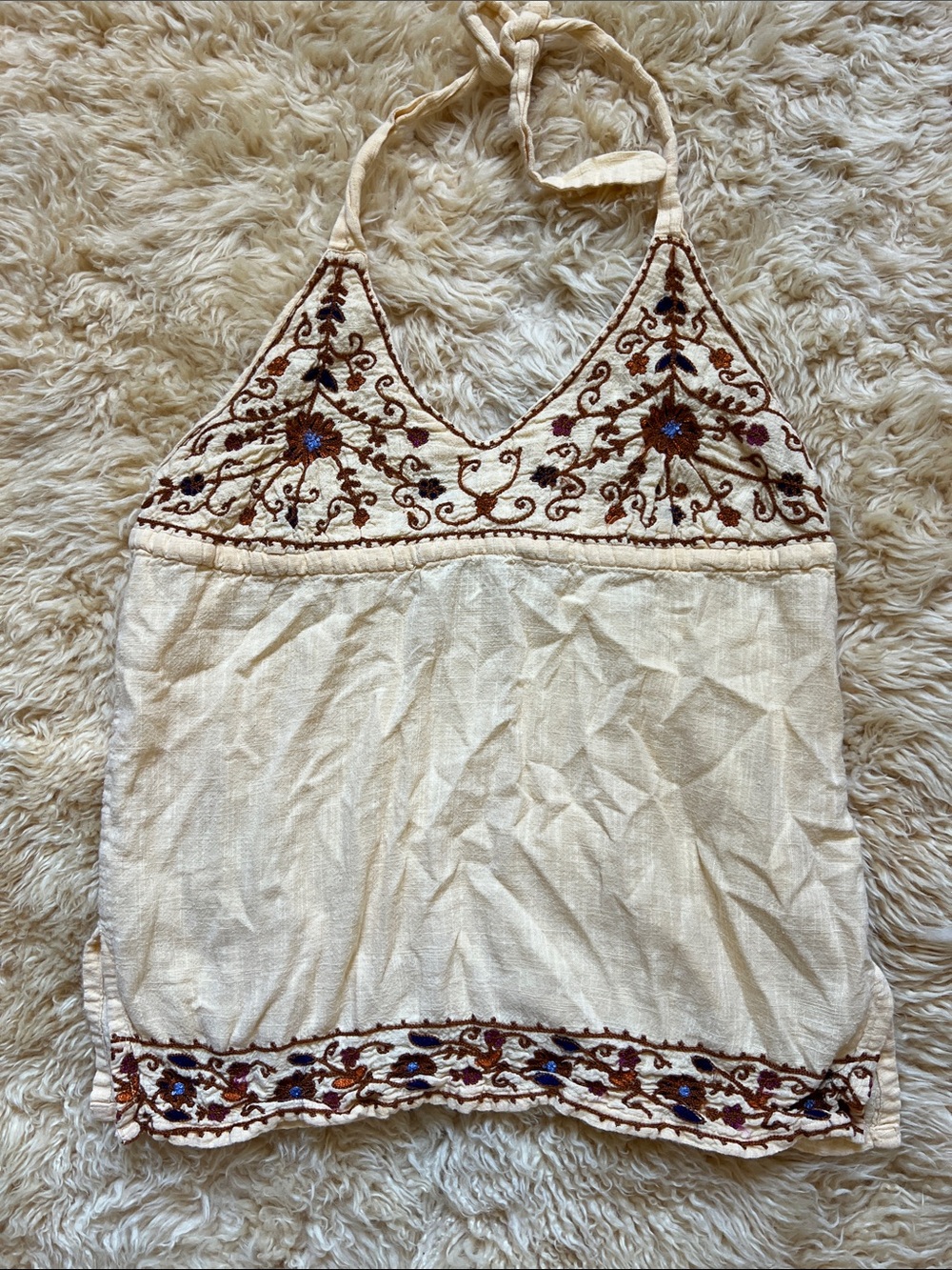 Y2K Vintage Prana Embroidered Halter Neck Boho Cotton Top